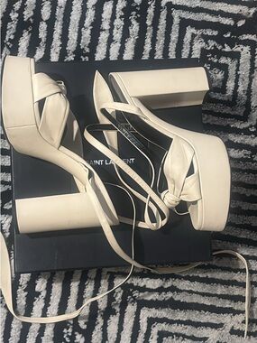 Saint Laurent Bianca Platform Block Heel Knotted  Leather Heels, Size 42